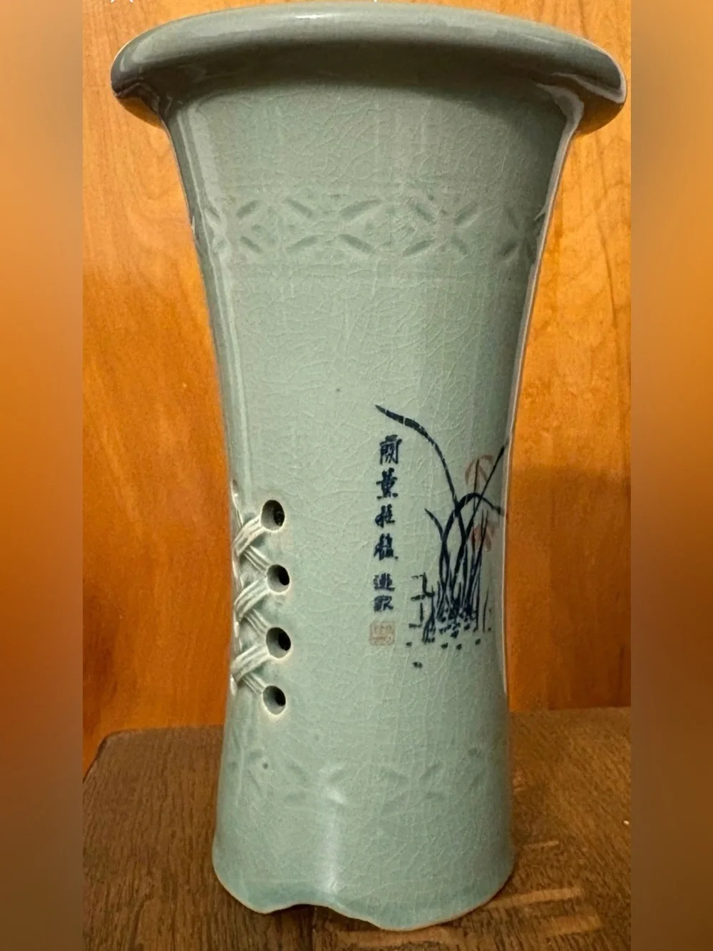 Vintage Chinese Celadon Orchid Pot Crackle Glaze Openwork Tall Cymbidium Planter